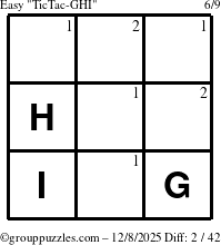 The grouppuzzles.com Easy TicTac-GHI puzzle for Monday December 8, 2025 with the first 2 steps marked