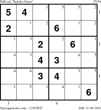 The grouppuzzles.com Difficult Sudoku-Junior puzzle for Monday December 8, 2025 with all 6 steps marked