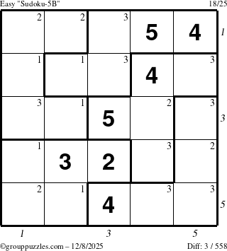 The grouppuzzles.com Easy Sudoku-5B puzzle for Monday December 8, 2025 with all 3 steps marked