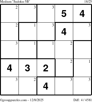 The grouppuzzles.com Medium Sudoku-5B puzzle for Monday December 8, 2025 with the first 3 steps marked