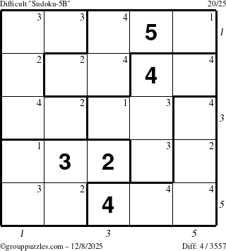 The grouppuzzles.com Difficult Sudoku-5B puzzle for Monday December 8, 2025, suitable for printing, with all 4 steps marked