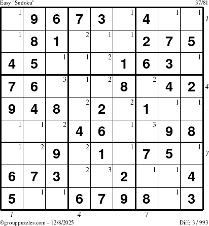 The grouppuzzles.com Easy Sudoku puzzle for Monday December 8, 2025, suitable for printing, with all 3 steps marked