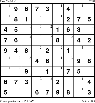 The grouppuzzles.com Easy Sudoku puzzle for Monday December 8, 2025 with the first 3 steps marked