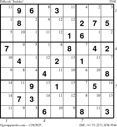 The grouppuzzles.com Difficult Sudoku puzzle for Monday December 8, 2025, suitable for printing, with all 14 steps marked
