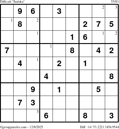 The grouppuzzles.com Difficult Sudoku puzzle for Monday December 8, 2025 with the first 3 steps marked