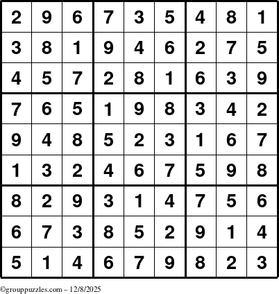 The grouppuzzles.com Answer grid for the Sudoku puzzle for Monday December 8, 2025