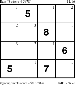 The grouppuzzles.com Easy Sudoku-4-5678 puzzle for Wednesday May 13, 2026 with the first 3 steps marked