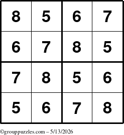 The grouppuzzles.com Answer grid for the Sudoku-4-5678 puzzle for Wednesday May 13, 2026