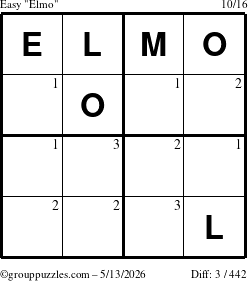 The grouppuzzles.com Easy Elmo puzzle for Wednesday May 13, 2026 with the first 3 steps marked