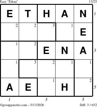 The grouppuzzles.com Easy Ethan puzzle for Wednesday May 13, 2026, suitable for printing, with all 3 steps marked