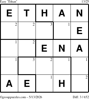 The grouppuzzles.com Easy Ethan puzzle for Wednesday May 13, 2026 with the first 3 steps marked