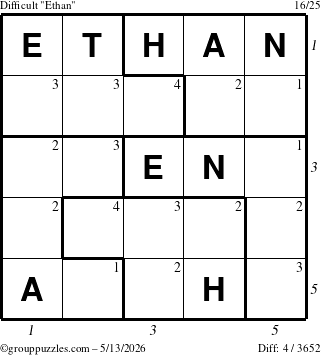 The grouppuzzles.com Difficult Ethan puzzle for Wednesday May 13, 2026 with all 4 steps marked