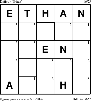 The grouppuzzles.com Difficult Ethan puzzle for Wednesday May 13, 2026 with the first 3 steps marked