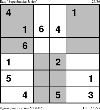 The grouppuzzles.com Easy SuperSudoku-Junior puzzle for Wednesday May 13, 2026