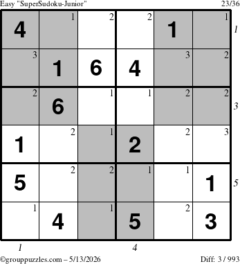 The grouppuzzles.com Easy SuperSudoku-Junior puzzle for Wednesday May 13, 2026, suitable for printing, with all 3 steps marked