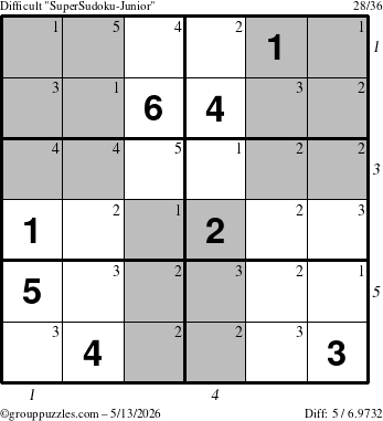 The grouppuzzles.com Difficult SuperSudoku-Junior puzzle for Wednesday May 13, 2026, suitable for printing, with all 5 steps marked