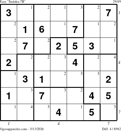 The grouppuzzles.com Easy Sudoku-7B puzzle for Wednesday May 13, 2026, suitable for printing, with all 4 steps marked