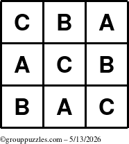 The grouppuzzles.com Answer grid for the TicTac-ABC puzzle for Wednesday May 13, 2026