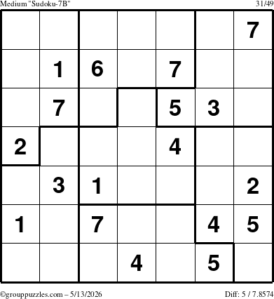 The grouppuzzles.com Medium Sudoku-7B puzzle for Wednesday May 13, 2026