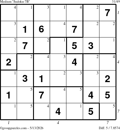 The grouppuzzles.com Medium Sudoku-7B puzzle for Wednesday May 13, 2026, suitable for printing, with all 5 steps marked