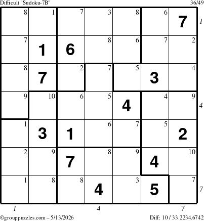 The grouppuzzles.com Difficult Sudoku-7B puzzle for Wednesday May 13, 2026, suitable for printing, with all 10 steps marked