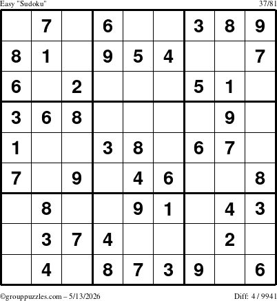 The grouppuzzles.com Easy Sudoku puzzle for Wednesday May 13, 2026