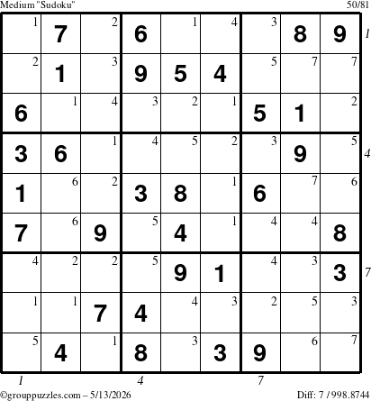 The grouppuzzles.com Medium Sudoku puzzle for Wednesday May 13, 2026, suitable for printing, with all 7 steps marked