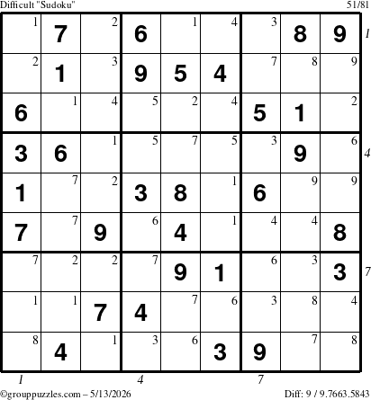 The grouppuzzles.com Difficult Sudoku puzzle for Wednesday May 13, 2026 with all 9 steps marked