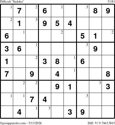 The grouppuzzles.com Difficult Sudoku puzzle for Wednesday May 13, 2026 with the first 3 steps marked