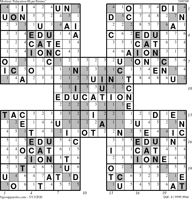 The grouppuzzles.com Medium Education-HyperXtreme puzzle for Wednesday May 13, 2026 with all 8 steps marked
