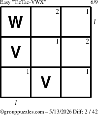 The grouppuzzles.com Easy TicTac-VWX puzzle for Wednesday May 13, 2026, suitable for printing, with all 2 steps marked