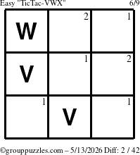 The grouppuzzles.com Easy TicTac-VWX puzzle for Wednesday May 13, 2026 with the first 2 steps marked