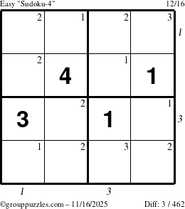 The grouppuzzles.com Easy Sudoku-4 puzzle for Sunday November 16, 2025, suitable for printing, with all 3 steps marked