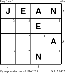 The grouppuzzles.com Easy Jean puzzle for Sunday November 16, 2025 with all 3 steps marked