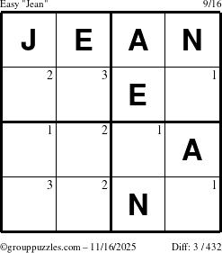 The grouppuzzles.com Easy Jean puzzle for Sunday November 16, 2025 with the first 3 steps marked