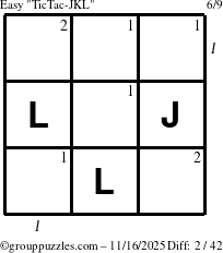 The grouppuzzles.com Easy TicTac-JKL puzzle for Sunday November 16, 2025 with all 2 steps marked