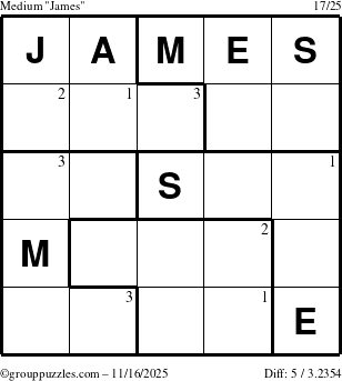 The grouppuzzles.com Medium James puzzle for Sunday November 16, 2025 with the first 3 steps marked
