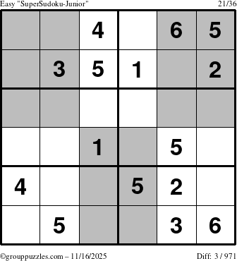 The grouppuzzles.com Easy SuperSudoku-Junior puzzle for Sunday November 16, 2025