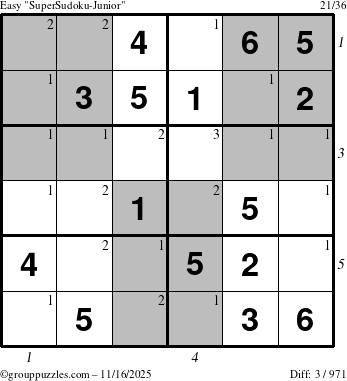 The grouppuzzles.com Easy SuperSudoku-Junior puzzle for Sunday November 16, 2025, suitable for printing, with all 3 steps marked