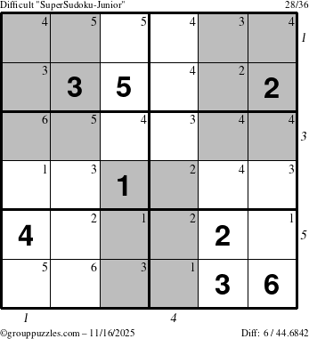 The grouppuzzles.com Difficult SuperSudoku-Junior puzzle for Sunday November 16, 2025, suitable for printing, with all 6 steps marked