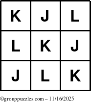 The grouppuzzles.com Answer grid for the TicTac-JKL puzzle for Sunday November 16, 2025