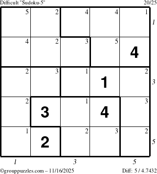 The grouppuzzles.com Difficult Sudoku-5 puzzle for Sunday November 16, 2025, suitable for printing, with all 5 steps marked