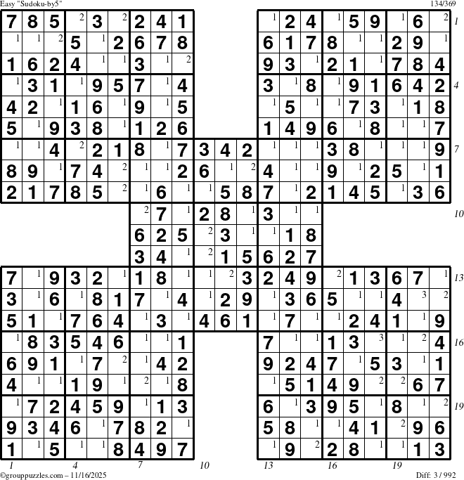 The grouppuzzles.com Easy Sudoku-by5 puzzle for Sunday November 16, 2025, suitable for printing, with all 3 steps marked