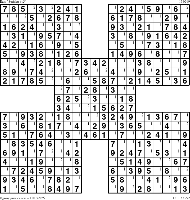 The grouppuzzles.com Easy Sudoku-by5 puzzle for Sunday November 16, 2025 with the first 3 steps marked