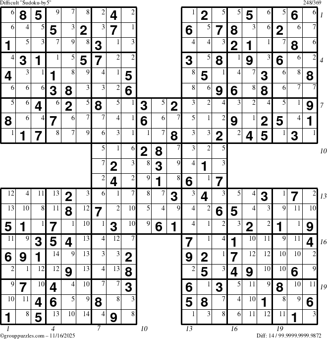 The grouppuzzles.com Difficult Sudoku-by5 puzzle for Sunday November 16, 2025, suitable for printing, with all 14 steps marked