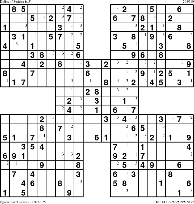 The grouppuzzles.com Difficult Sudoku-by5 puzzle for Sunday November 16, 2025 with the first 3 steps marked