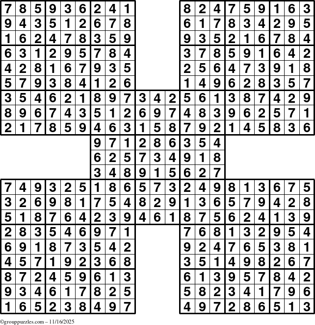 The grouppuzzles.com Answer grid for the Sudoku-by5 puzzle for Sunday November 16, 2025