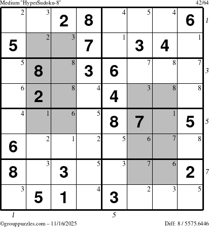 The grouppuzzles.com Medium HyperSudoku-8 puzzle for Sunday November 16, 2025 with all 8 steps marked
