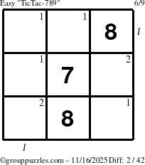 The grouppuzzles.com Easy TicTac-789 puzzle for Sunday November 16, 2025, suitable for printing, with all 2 steps marked