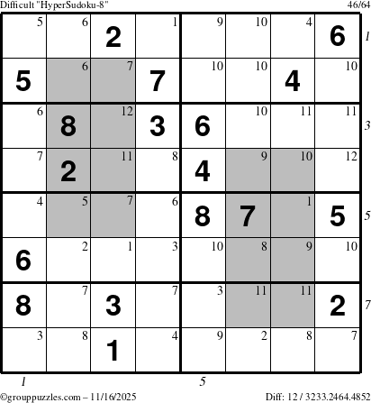 The grouppuzzles.com Difficult HyperSudoku-8 puzzle for Sunday November 16, 2025, suitable for printing, with all 12 steps marked